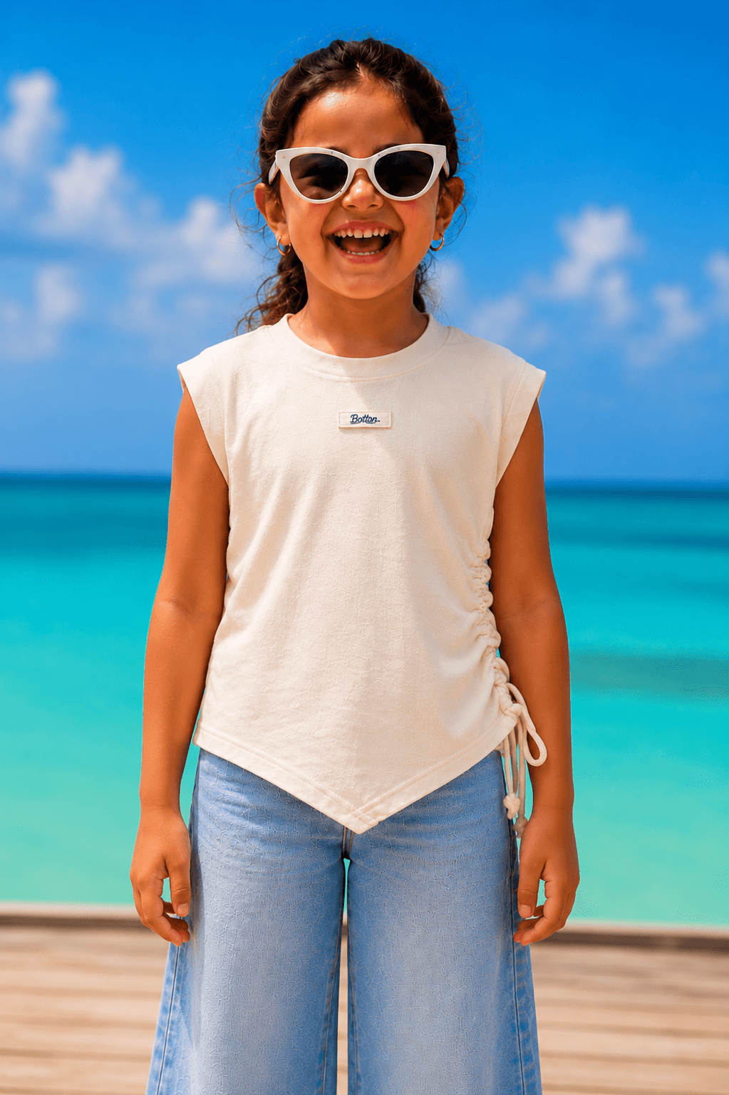 Cream Solid Ribbed Sleeveless Baby Girls Regular Fit Top