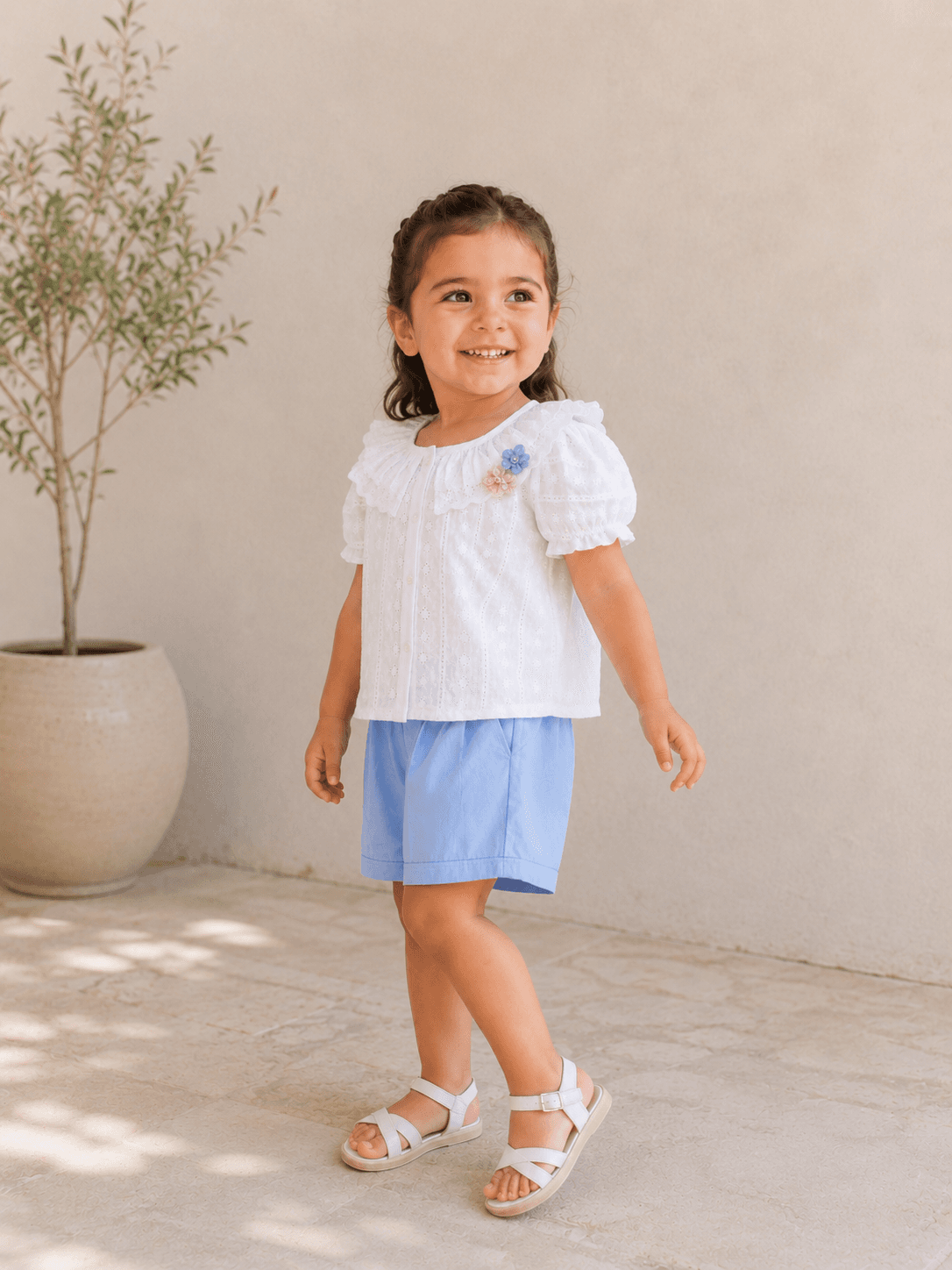 Cream White Floral Embroidered Baby Girls Top & Shorts Co-ord Set