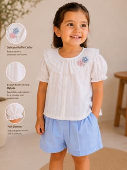 Cream White Floral Embroidered Baby Girls Top & Shorts Co-ord Set