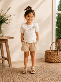 Cream White Floral Embroidered Baby Girls Top & Shorts Co-ord Set