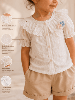 Cream White Floral Embroidered Baby Girls Top & Shorts Co-ord Set