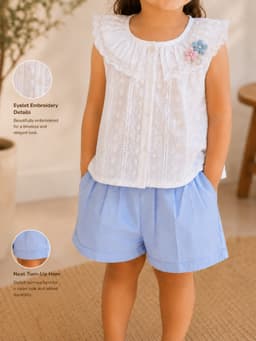 Cream White Floral Embroidered Baby Girls Top & Shorts Co-ord Set
