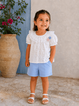 Cream White Floral Embroidered Baby Girls Top & Shorts Co-ord Set
