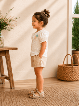 Cream White Floral Embroidered Baby Girls Top & Shorts Co-ord Set