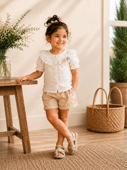 Cream White Floral Embroidered Baby Girls Top & Shorts Co-ord Set