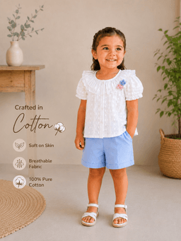 Cream White Floral Embroidered Baby Girls Top & Shorts Co-ord Set