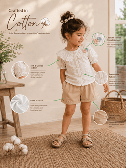 Cream White Floral Embroidered Baby Girls Top & Shorts Co-ord Set