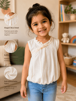  Baby Girls Sleeveless Textured Dress Top – Beige & Green