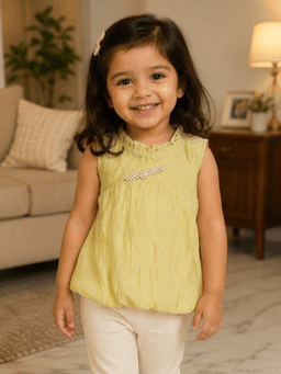  Baby Girls Sleeveless Textured Dress Top – Beige & Green