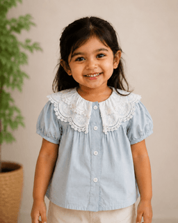 Baby Girls Puff Sleeve Fashion Top –  Blue