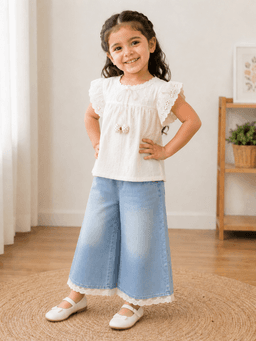  Baby Girls Embroidered Top & Denim Pants Set – White/Cream & Blue