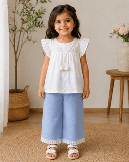  Baby Girls Embroidered Top & Denim Pants Set – White/Cream & Blue