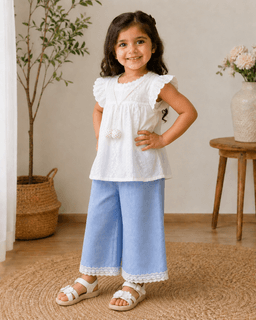  Baby Girls Embroidered Top & Denim Pants Set – White/Cream & Blue
