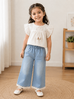  Baby Girls Embroidered Top & Denim Pants Set – White/Cream & Blue