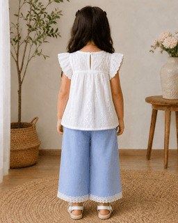 Baby Girls Embroidered Top & Denim Pants Set – White/Cream & Blue