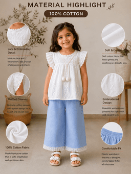  Baby Girls Embroidered Top & Denim Pants Set – White/Cream & Blue