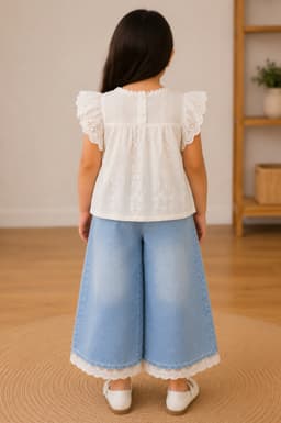  Baby Girls Embroidered Top & Denim Pants Set – White/Cream & Blue
