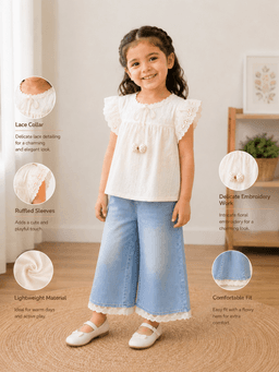  Baby Girls Embroidered Top & Denim Pants Set – White/Cream & Blue