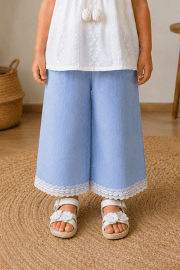  Baby Girls Embroidered Top & Denim Pants Set – White/Cream & Blue
