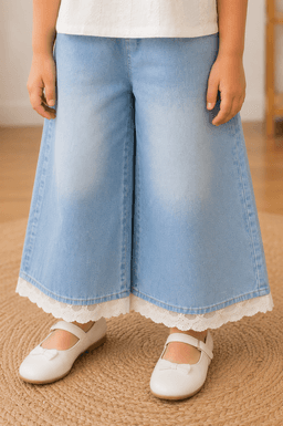  Baby Girls Embroidered Top & Denim Pants Set – White/Cream & Blue