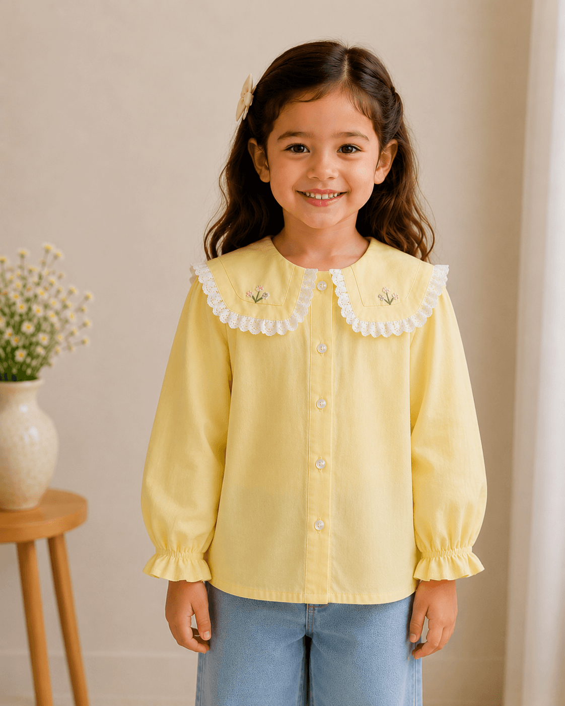 Baby Girls Lace Collar Full Sleeve Cotton Top – Yellow, Pink & White