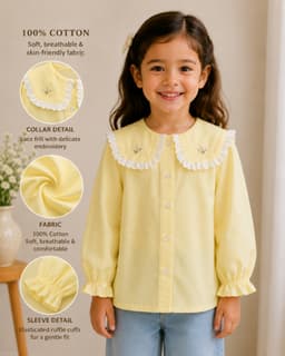 Baby Girls Lace Collar Full Sleeve Cotton Top – Yellow, Pink & White