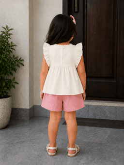 Baby Girls Embroidered Top & Shorts Set – Cream &Pink/Brown