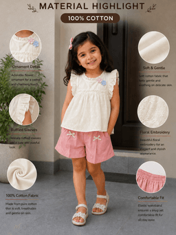 Baby Girls Embroidered Top & Shorts Set – Cream &Pink/Brown