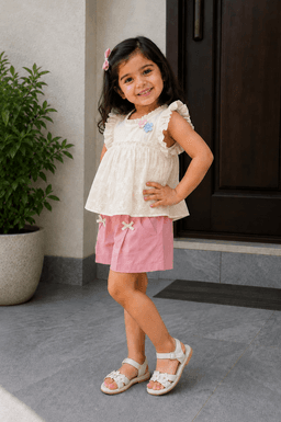 Baby Girls Embroidered Top & Shorts Set – Cream &Pink/Brown