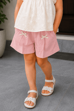 Baby Girls Embroidered Top & Shorts Set – Cream &Pink/Brown