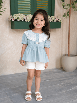Baby Girls Embroidered Top & Shorts Set – Blue /White & Brown/ Cream
