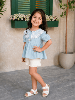 Baby Girls Embroidered Top & Shorts Set – Blue /White & Brown/ Cream