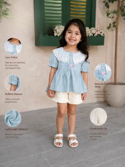 Baby Girls Embroidered Top & Shorts Set – Blue /White & Brown/ Cream