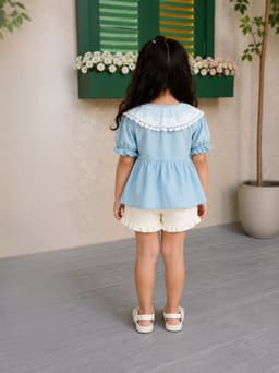 Baby Girls Embroidered Top & Shorts Set – Blue /White & Brown/ Cream