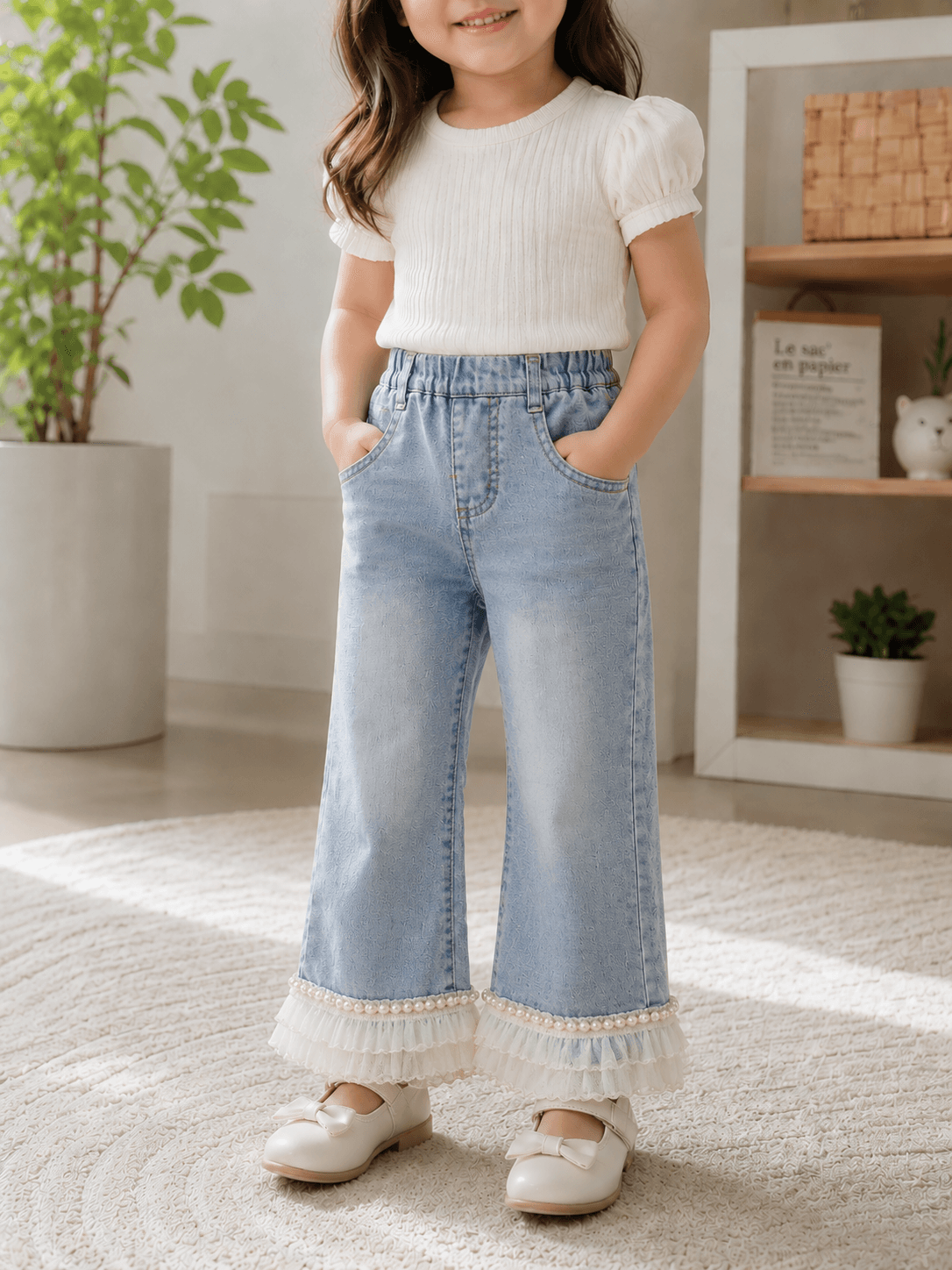 Baby Girls Flared Denim Jeans with Lace Hem – Light Blue
