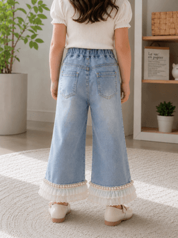 Baby Girls Flared Denim Jeans with Lace Hem – Light Blue