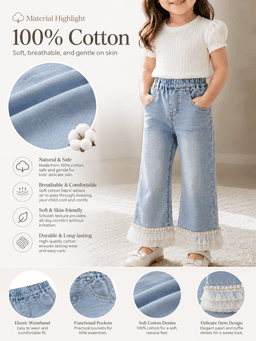 Baby Girls Flared Denim Jeans with Lace Hem – Light Blue