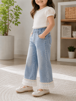 Baby Girls Flared Denim Jeans with Lace Hem – Light Blue