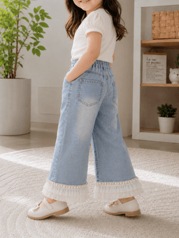 Baby Girls Flared Denim Jeans with Lace Hem – Light Blue