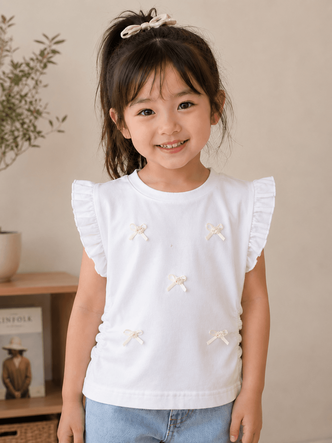 Baby Girls Embroidered Frill Sleeve Top – White