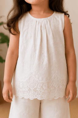 Baby Girls Lace Coord Set with Capri Pant – Beige