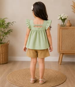 Baby Girls Korean Style Top & Shorts Set – Green & Brown