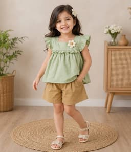 Baby Girls Korean Style Top & Shorts Set – Green & Brown