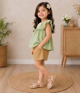 Baby Girls Korean Style Top & Shorts Set – Green & Brown