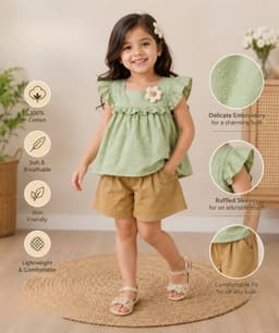 Baby Girls Korean Style Top & Shorts Set – Green & Brown