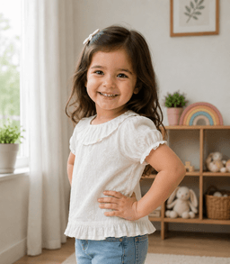 Baby Girls Embroidered Puff Sleeve Cotton Top – Beige