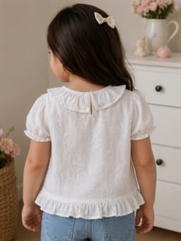 Baby Girls Embroidered Puff Sleeve Cotton Top – Beige
