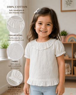 Baby Girls Embroidered Puff Sleeve Cotton Top – Beige
