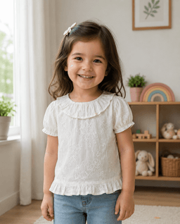Baby Girls Embroidered Puff Sleeve Cotton Top – Beige