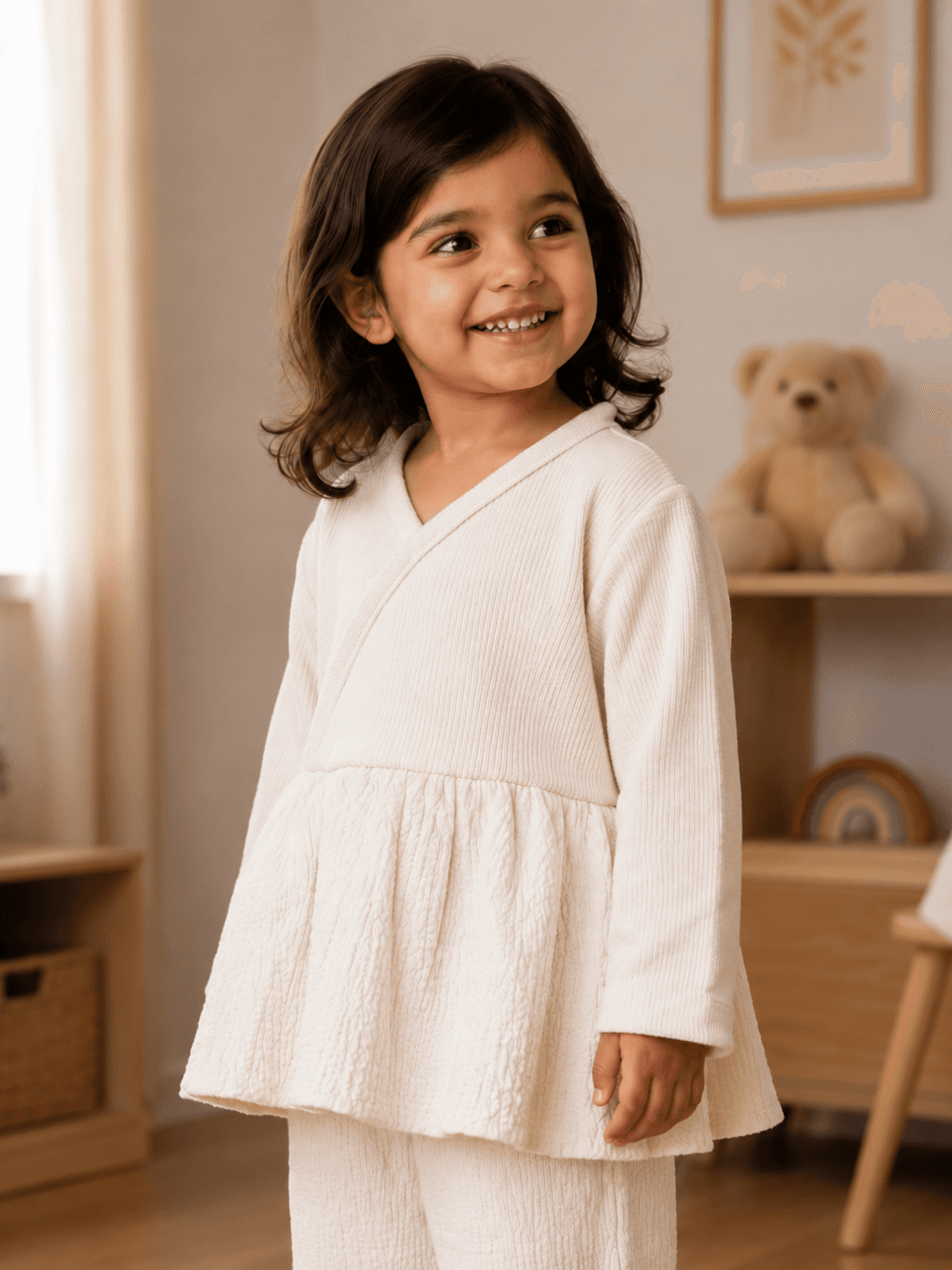 Baby Girls Full Sleeve Textured Peplum Top – Beige